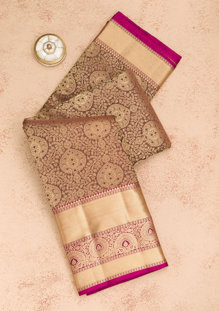 Grey Silk Jaal Gold Zariwork Saree With Matching Blouse Piece