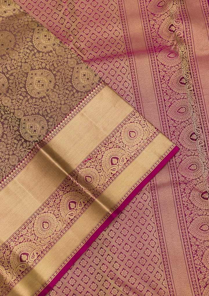 Grey Silk Jaal Gold Zariwork Saree With Matching Blouse Piece