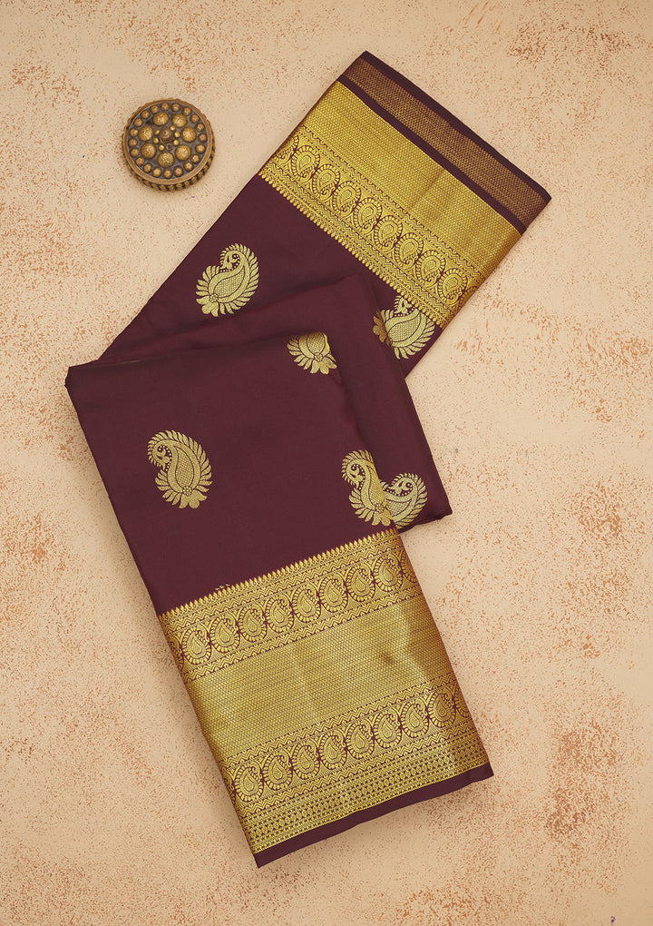 Brown Silk Buti Gold Zariwork Saree With Matching Blouse Piece