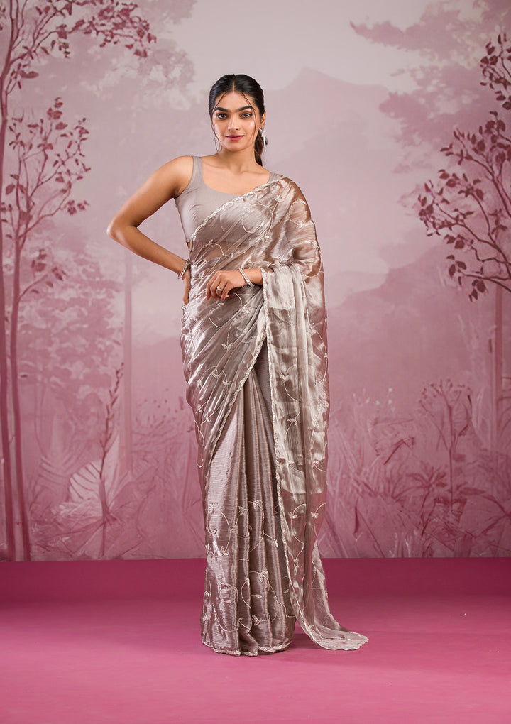 Koskii Organza Silver Saree – Elegant Cutdana Embroidery