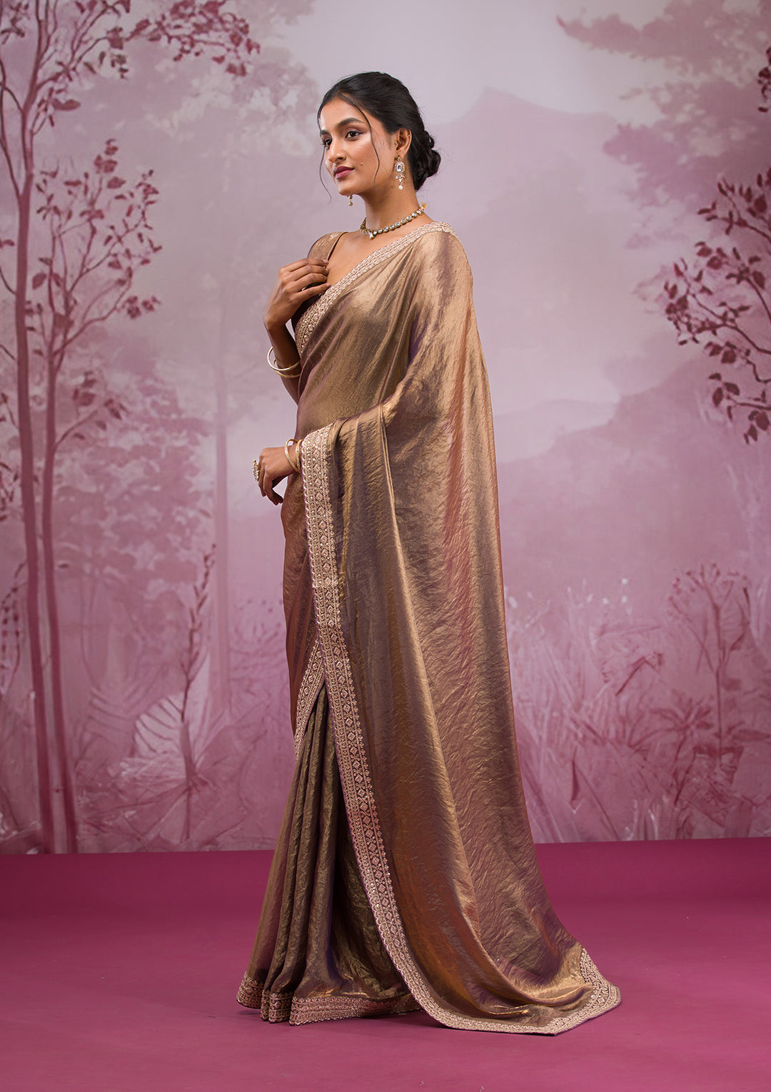 Copper Tissue Cording Saree With Matching Blouse Piece
