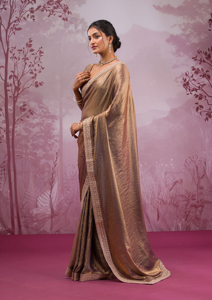 Copper Tissue Cording Saree With Matching Blouse Piece
