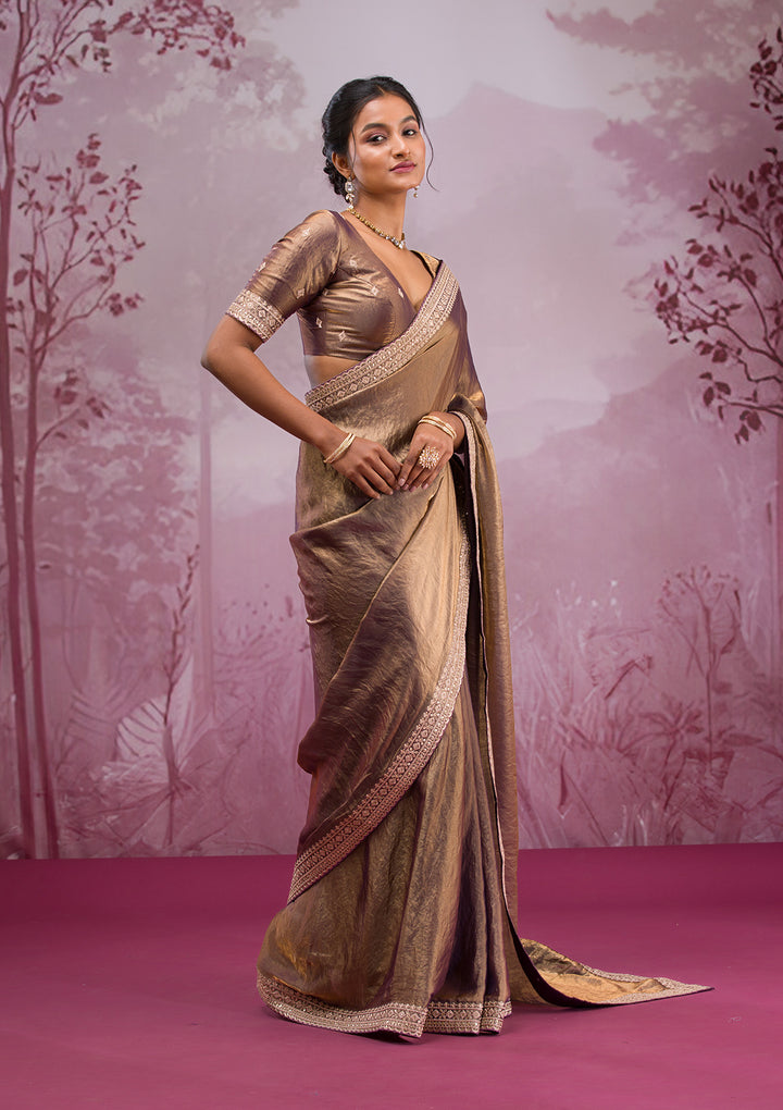 Copper Tissue Cording Saree With Matching Blouse Piece