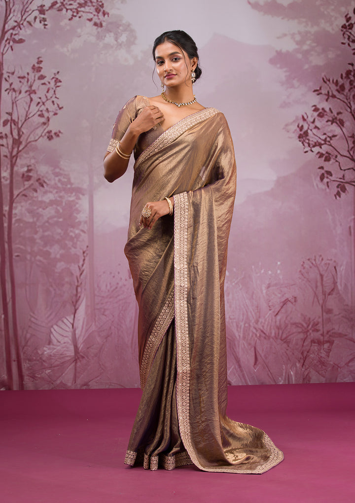 Copper Tissue Cording Saree With Matching Blouse Piece