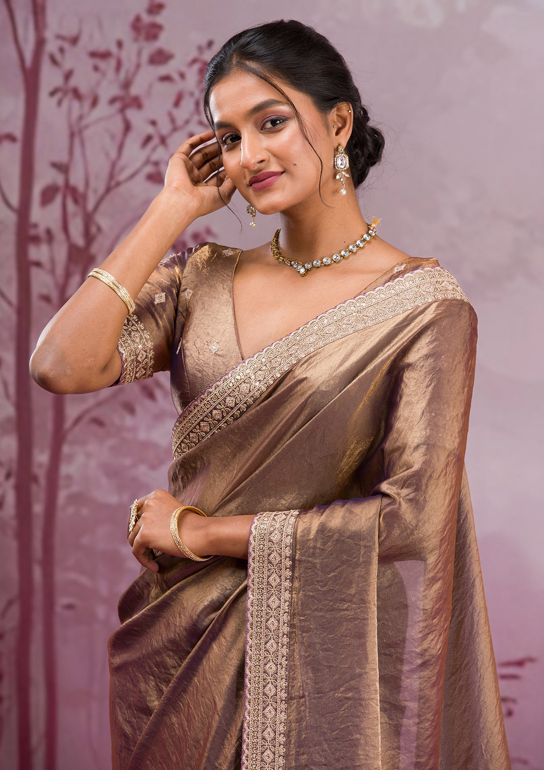 Copper Tissue Cording Saree With Matching Blouse Piece