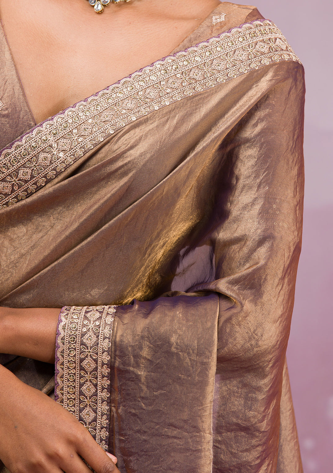 Copper Tissue Cording Saree With Matching Blouse Piece