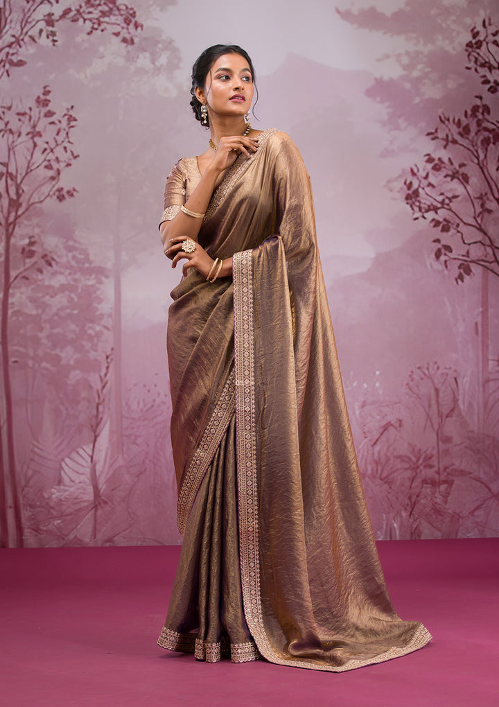Copper Tissue Cording Saree With Matching Blouse Piece