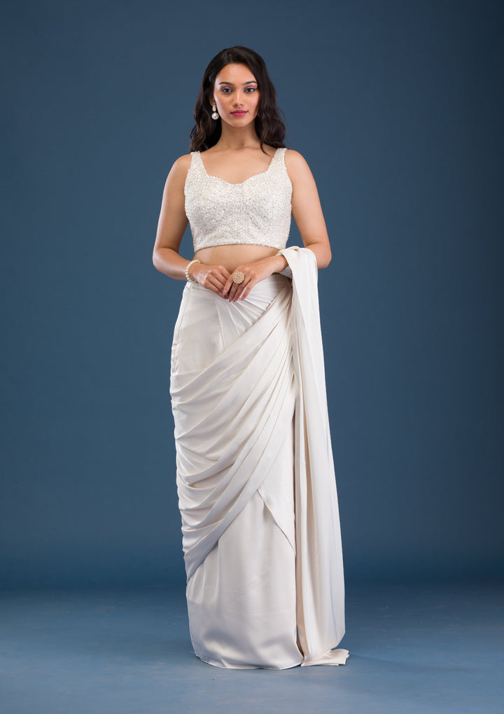 Koskii Satin Ivory Saree – Dazzle with Cutdana Embroidery