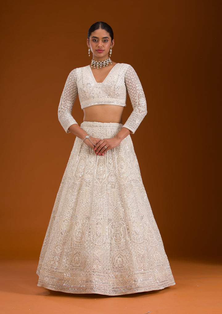 Mirrorwork Off White Net Stitched Lehenga Blouse With Dupatta