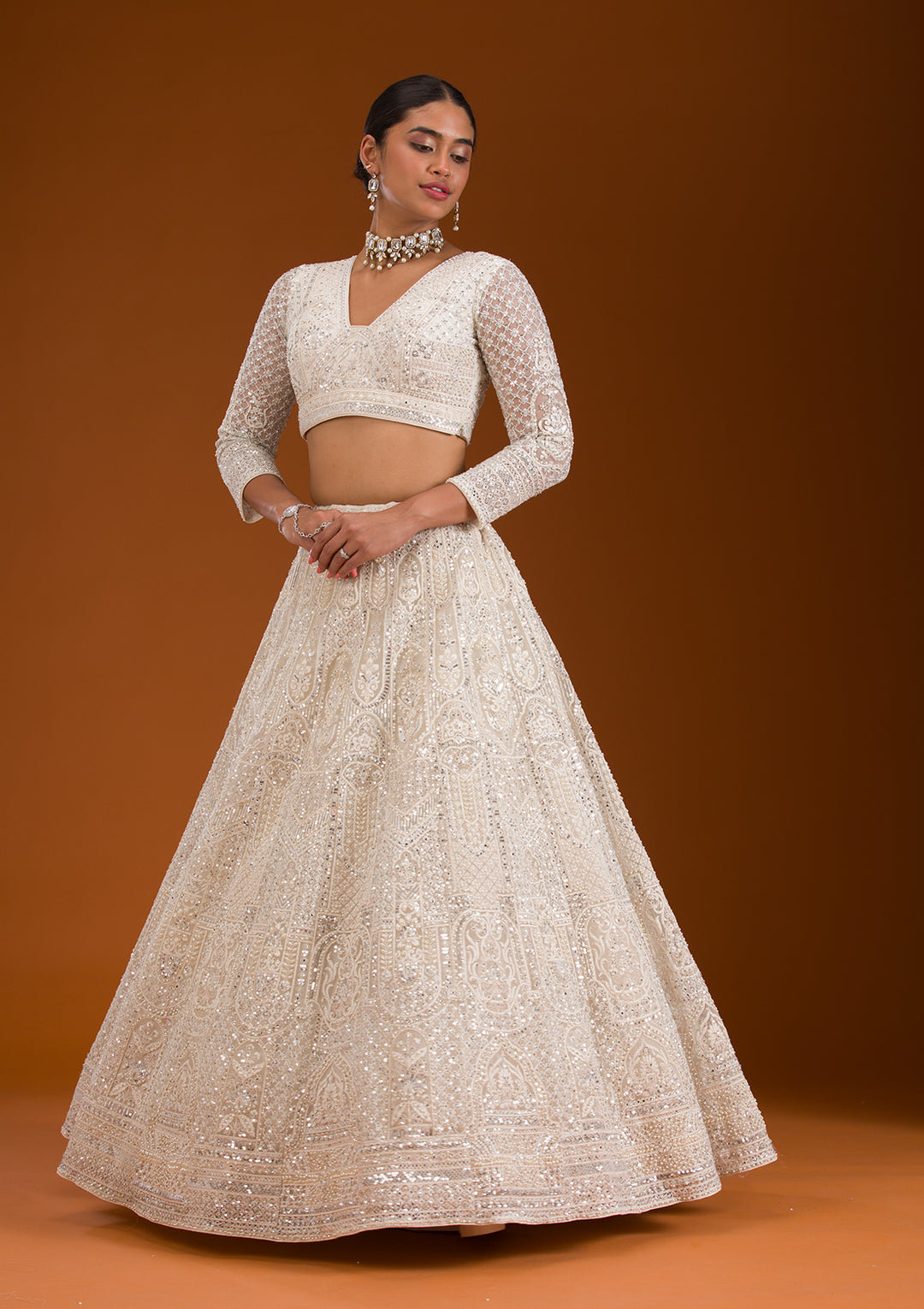 Mirrorwork Off White Net Stitched Lehenga Blouse With Dupatta