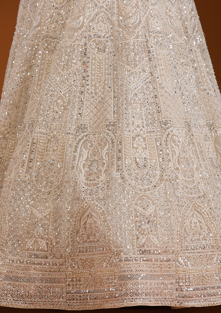 Mirrorwork Off White Net Stitched Lehenga Blouse With Dupatta