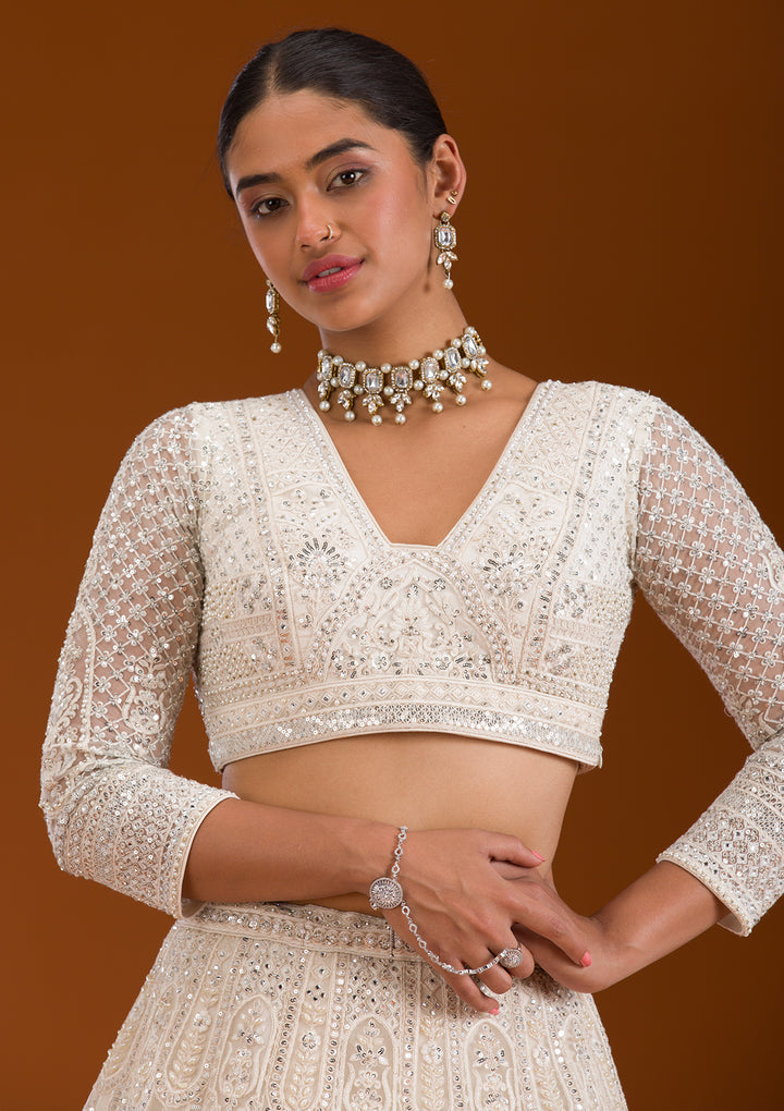 Mirrorwork Off White Net Stitched Lehenga Blouse With Dupatta