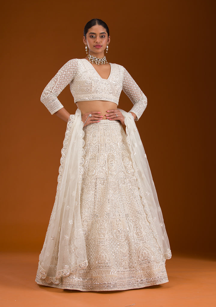 Mirrorwork Off White Net Stitched Lehenga Blouse With Dupatta