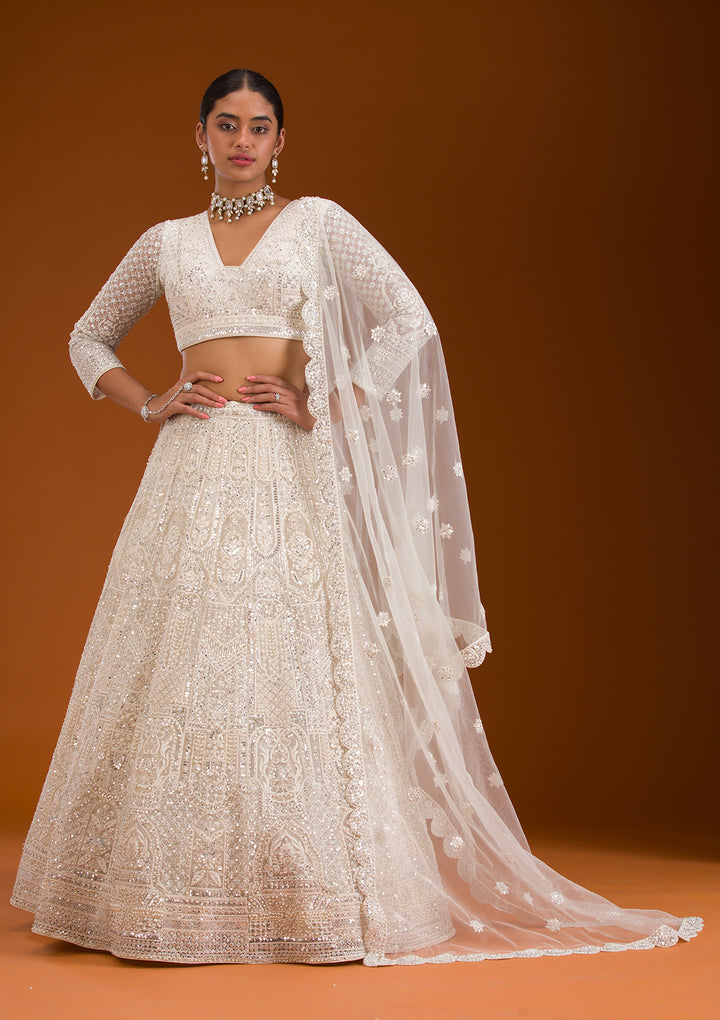 Mirrorwork Off White Net Stitched Lehenga Blouse With Dupatta