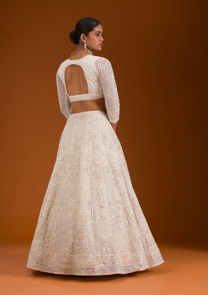 Mirrorwork Off White Net Stitched Lehenga Blouse With Dupatta