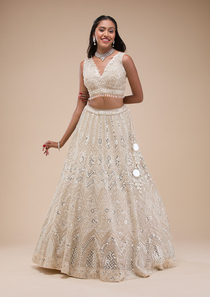 Koskii Net White Lehenga – Mirrorwork Elegance