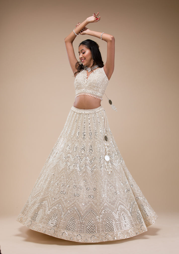 Koskii Net White Lehenga – Mirrorwork Elegance