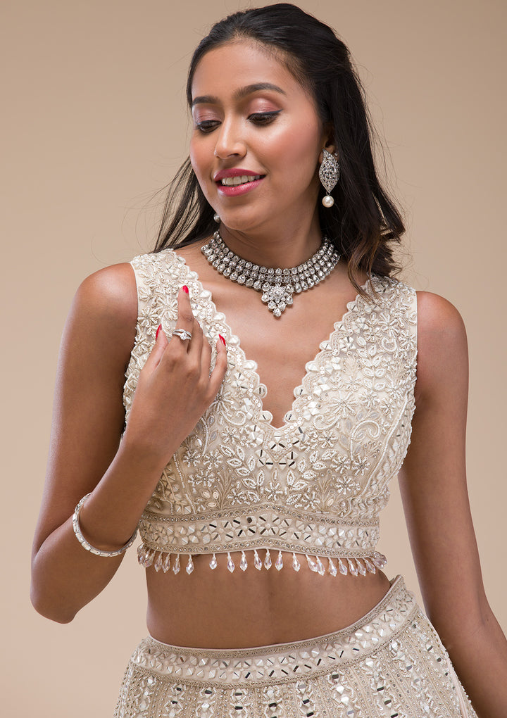 Koskii Net White Lehenga – Mirrorwork Elegance