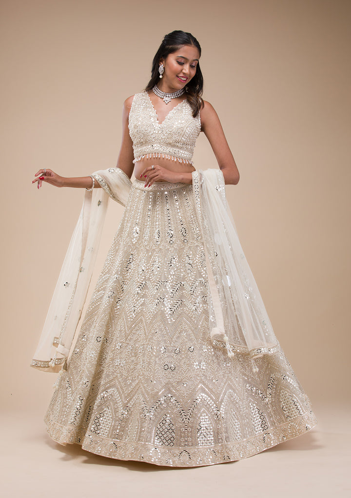 Koskii Net White Lehenga – Mirrorwork Elegance