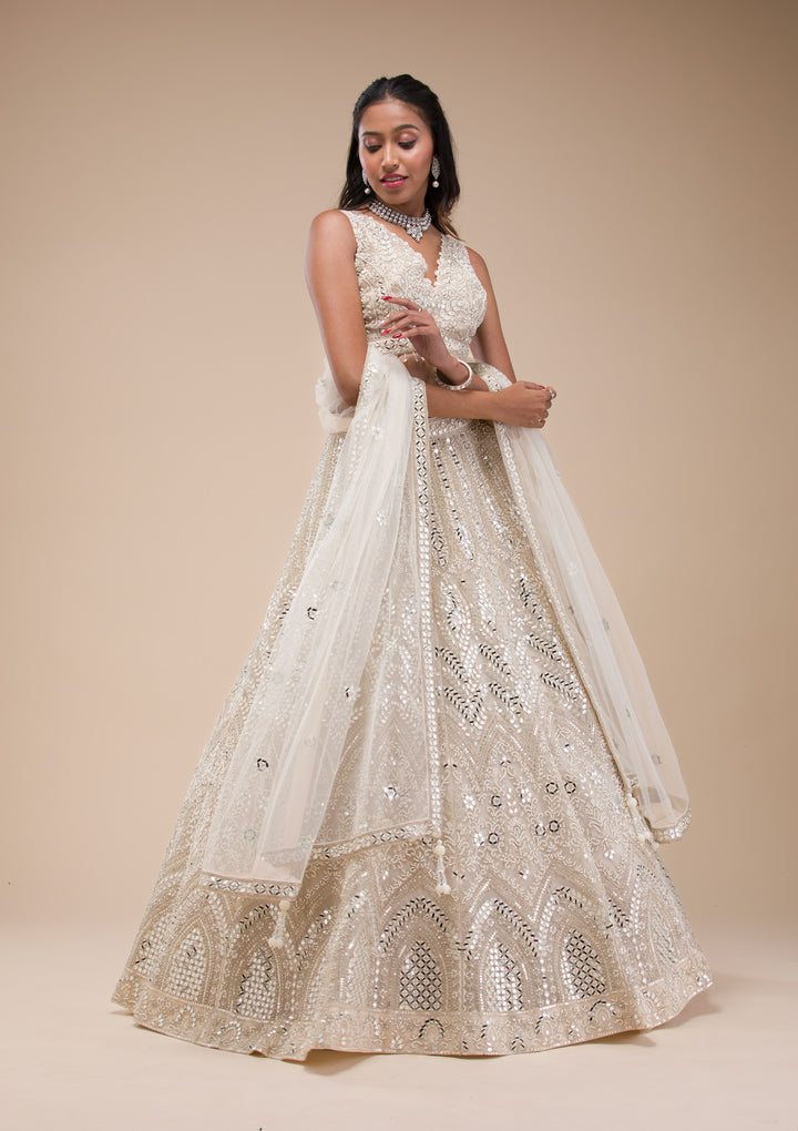Koskii Net White Lehenga – Mirrorwork Elegance