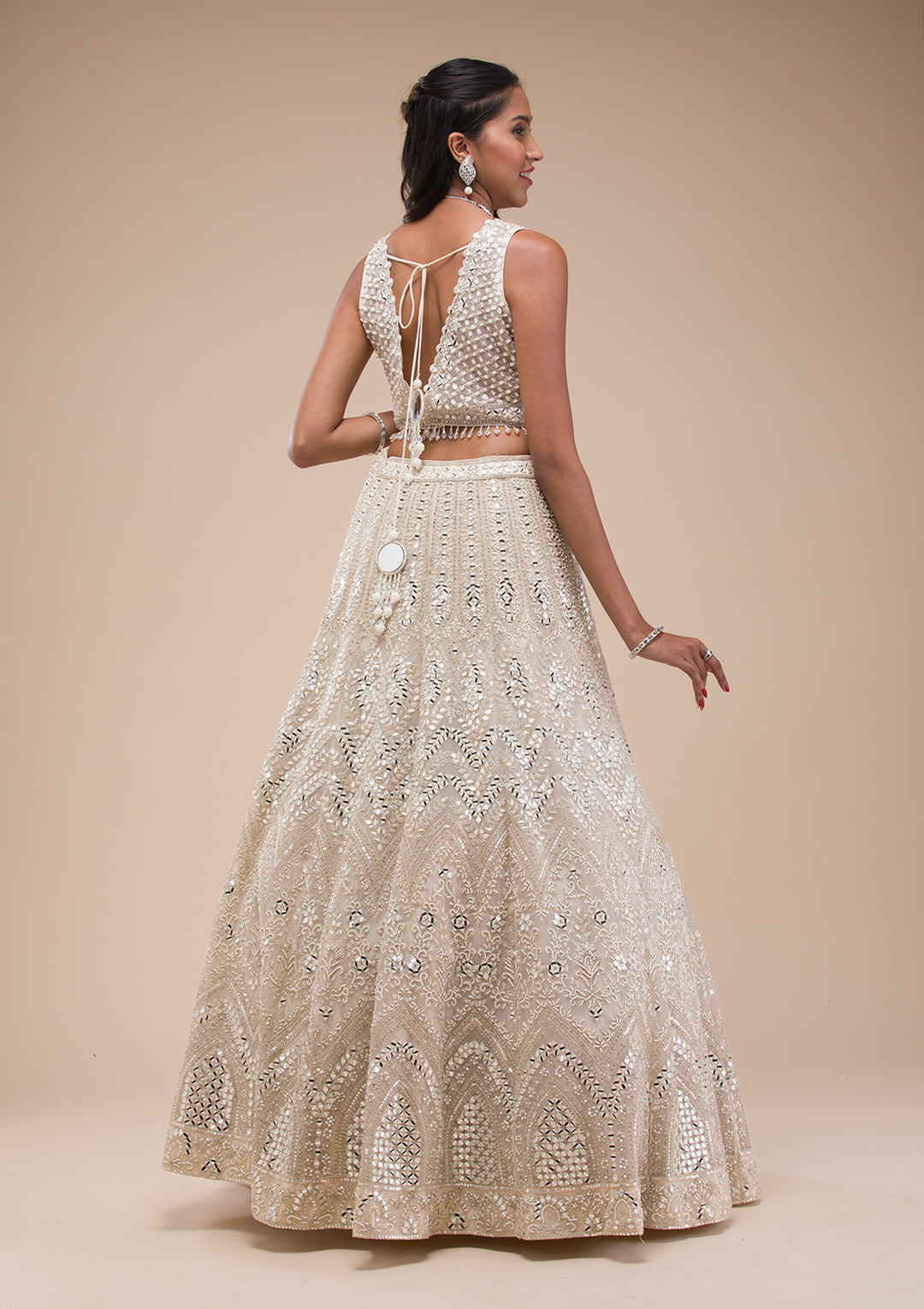 Koskii Net White Lehenga – Mirrorwork Elegance