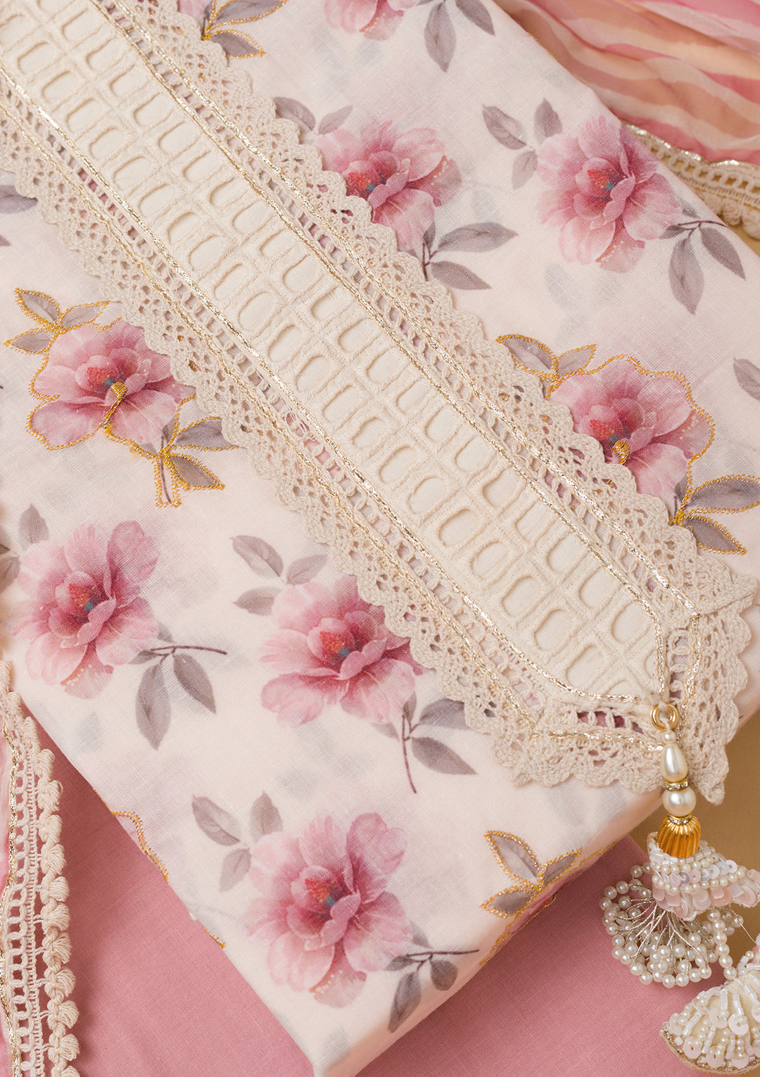 Cream Printed Cotton Unstitched Salwar Suit