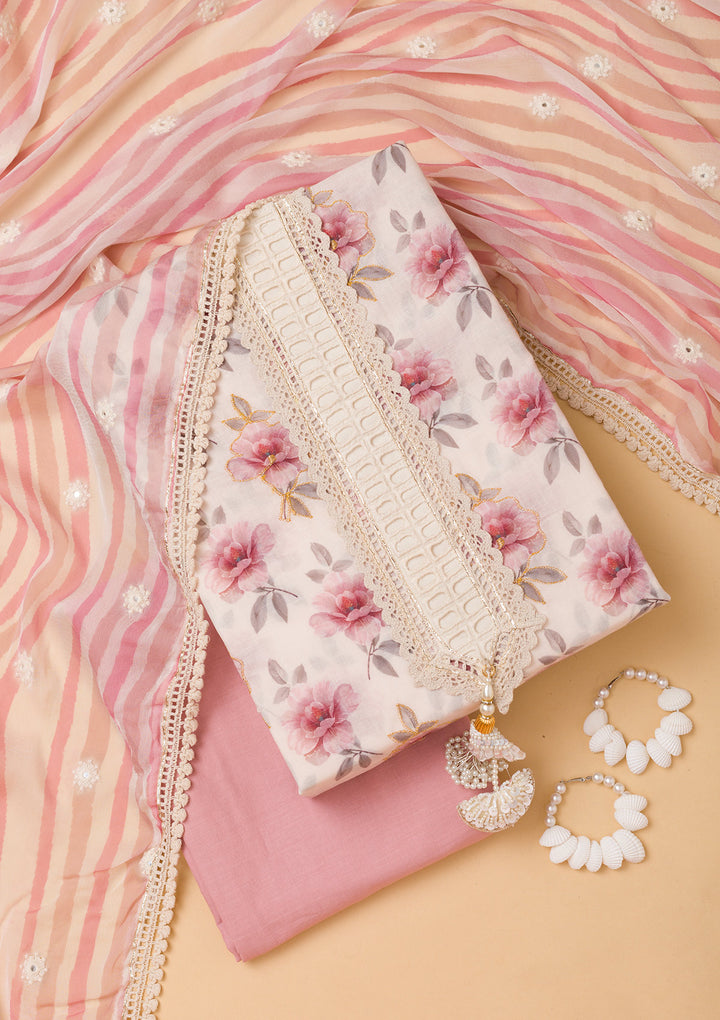 Cream Printed Cotton Unstitched Salwar Suit