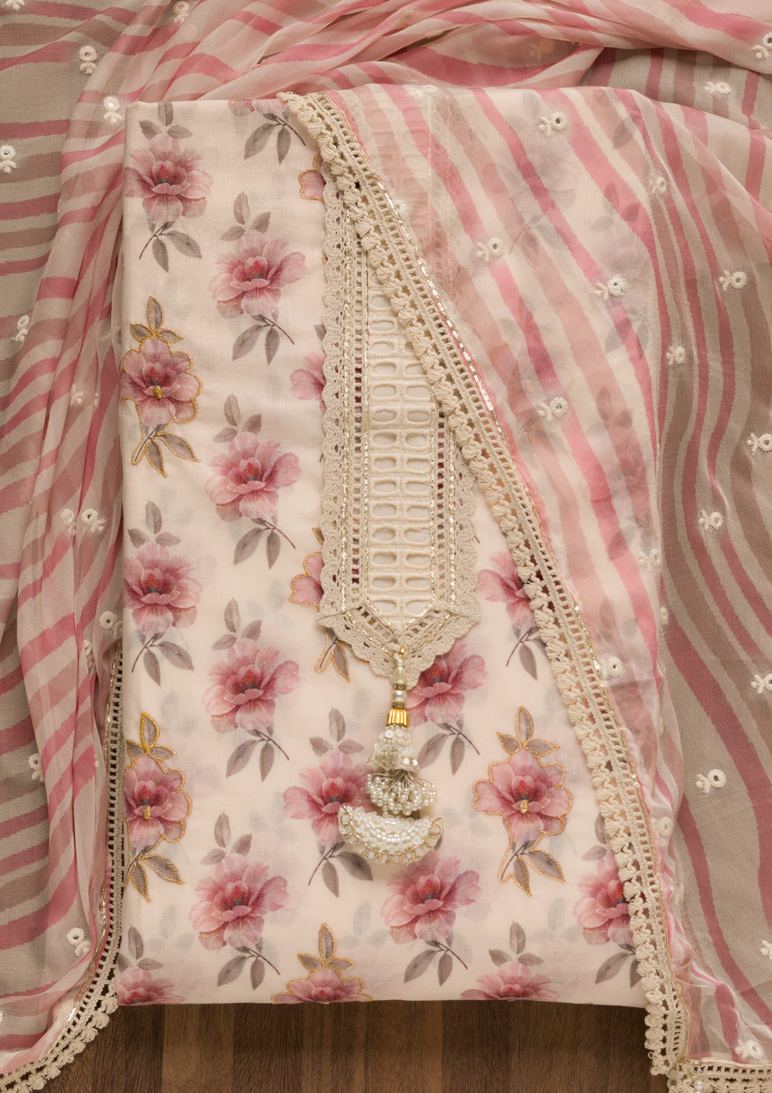 Cream Printed Cotton Unstitched Salwar Suit