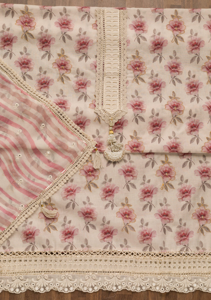Cream Printed Cotton Unstitched Salwar Suit