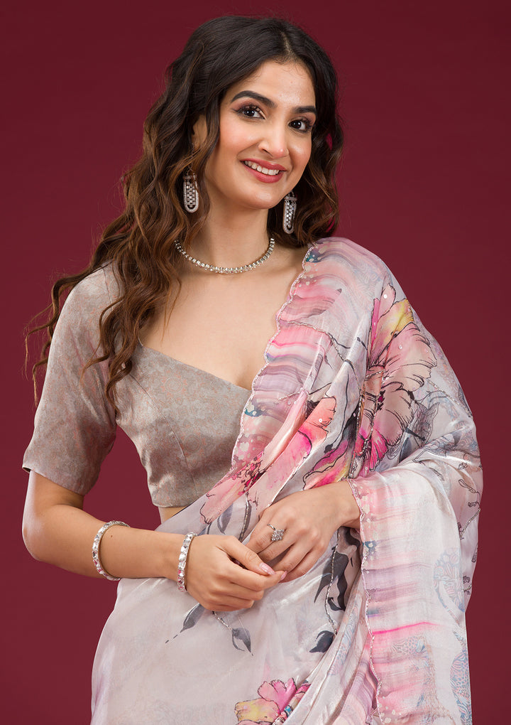 Koskii Organza Silver Saree – Cutdana Embroidered Elegance