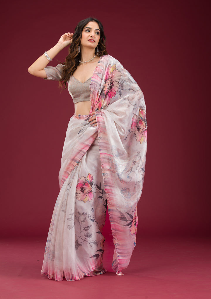 Koskii Organza Silver Saree – Cutdana Embroidered Elegance