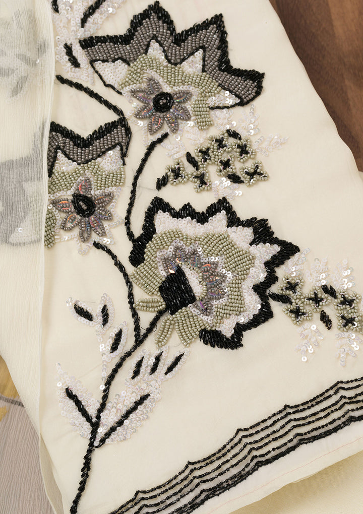 Off White Tissue Sequins Unstitched Dress Material With Matching Bottom And Dupatta