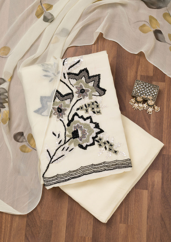 Off White Tissue Sequins Unstitched Dress Material With Matching Bottom And Dupatta