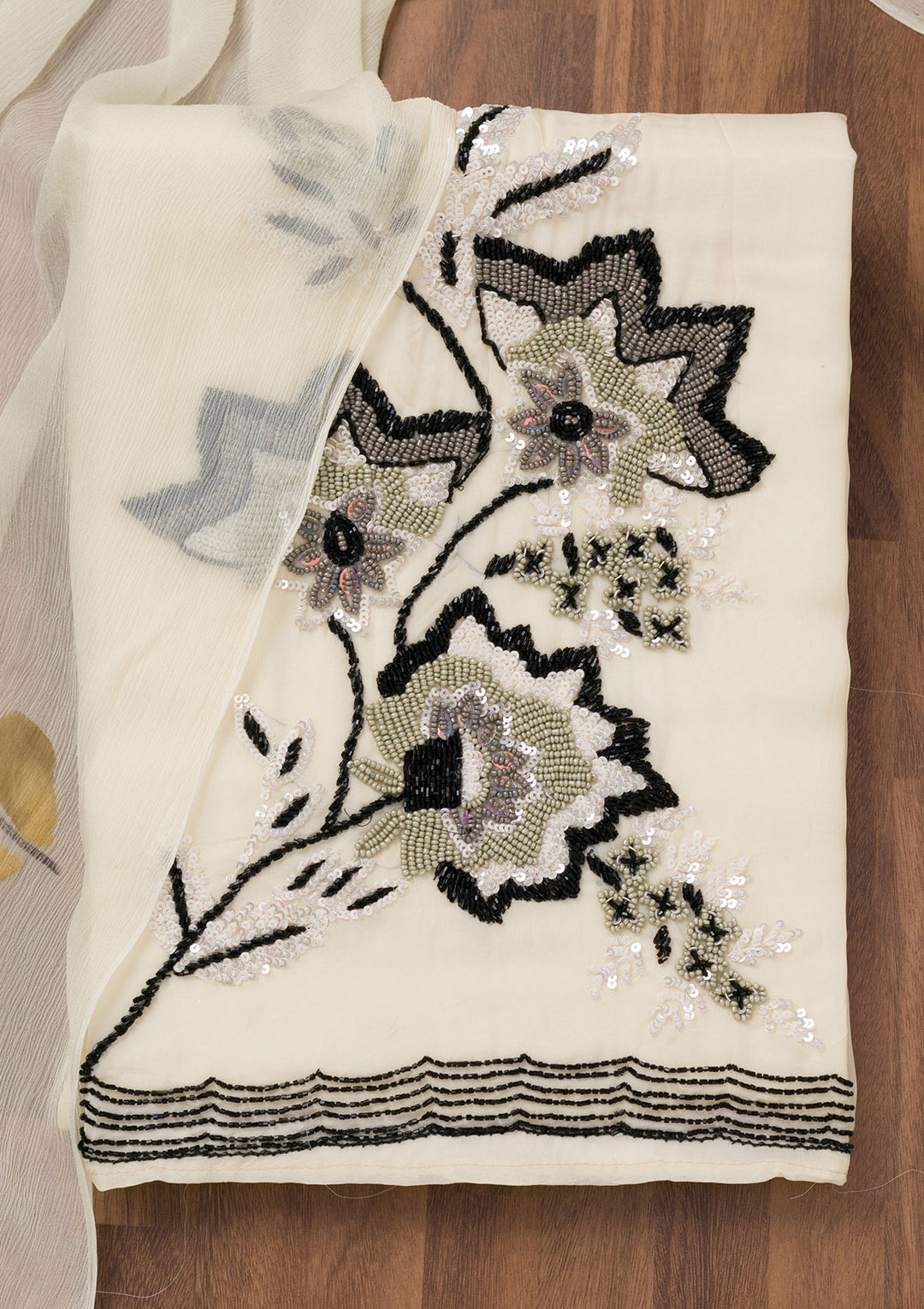 Off White Tissue Sequins Unstitched Dress Material With Matching Bottom And Dupatta