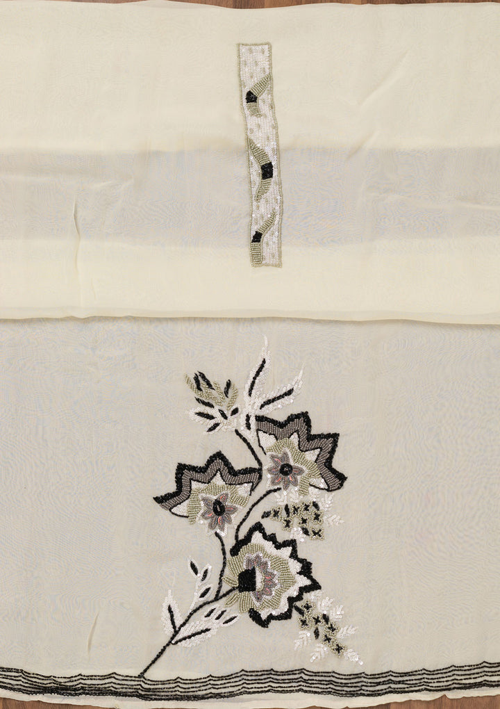 Off White Tissue Sequins Unstitched Dress Material With Matching Bottom And Dupatta