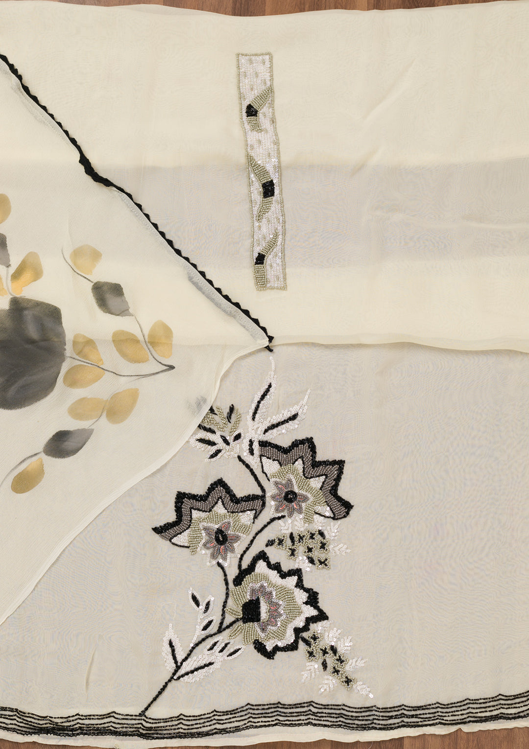 Off White Tissue Sequins Unstitched Dress Material With Matching Bottom And Dupatta