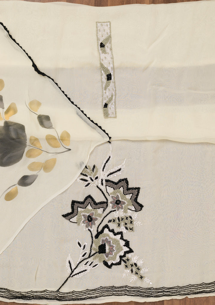 Off White Tissue Sequins Unstitched Dress Material With Matching Bottom And Dupatta