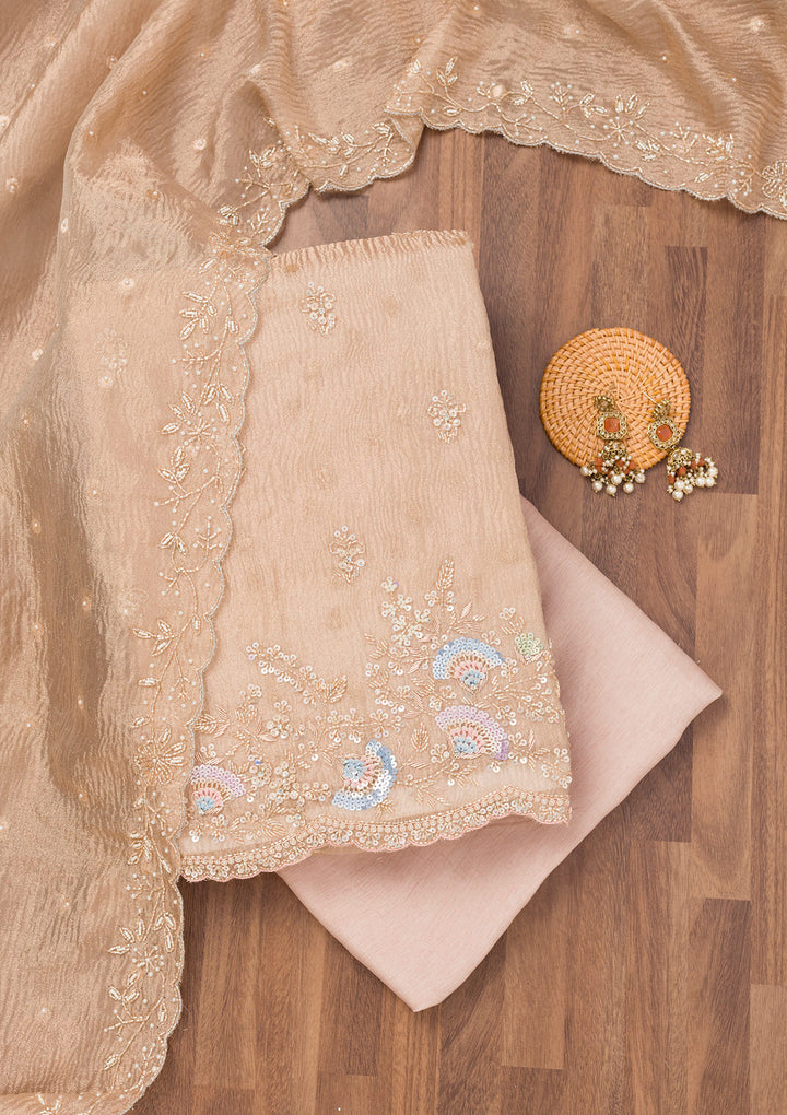 Gold Tissue Silver Stonework Unstitched Dress Material With Matching Bottom And Dupatta