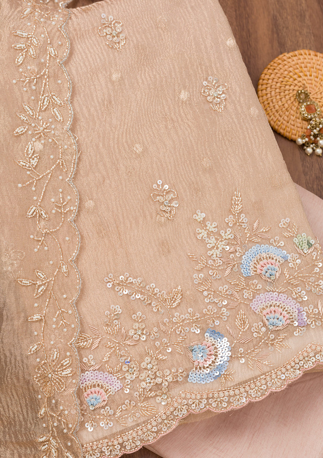 Gold Tissue Silver Stonework Unstitched Dress Material With Matching Bottom And Dupatta
