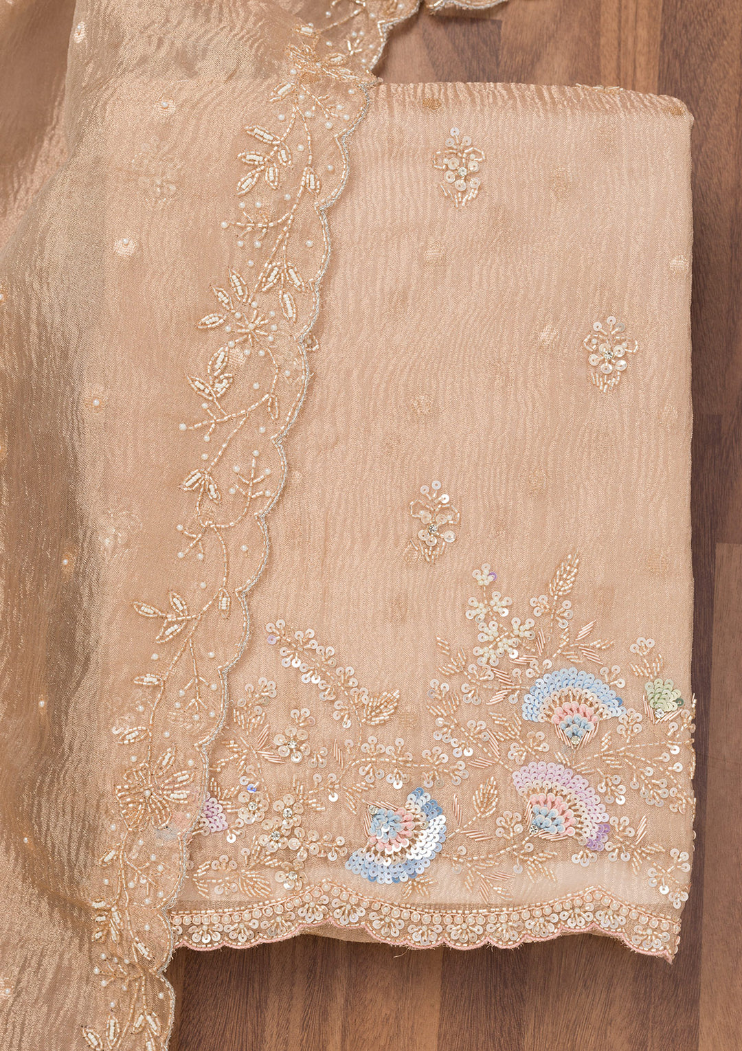 Gold Tissue Silver Stonework Unstitched Dress Material With Matching Bottom And Dupatta