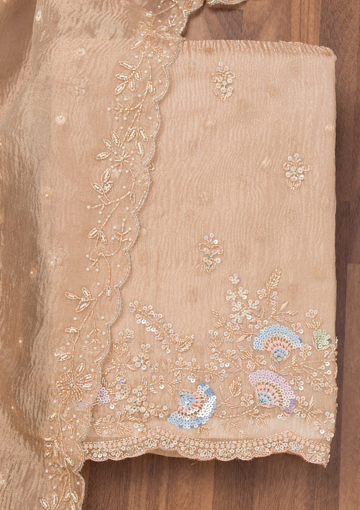 Gold Tissue Silver Stonework Unstitched Dress Material With Matching Bottom And Dupatta