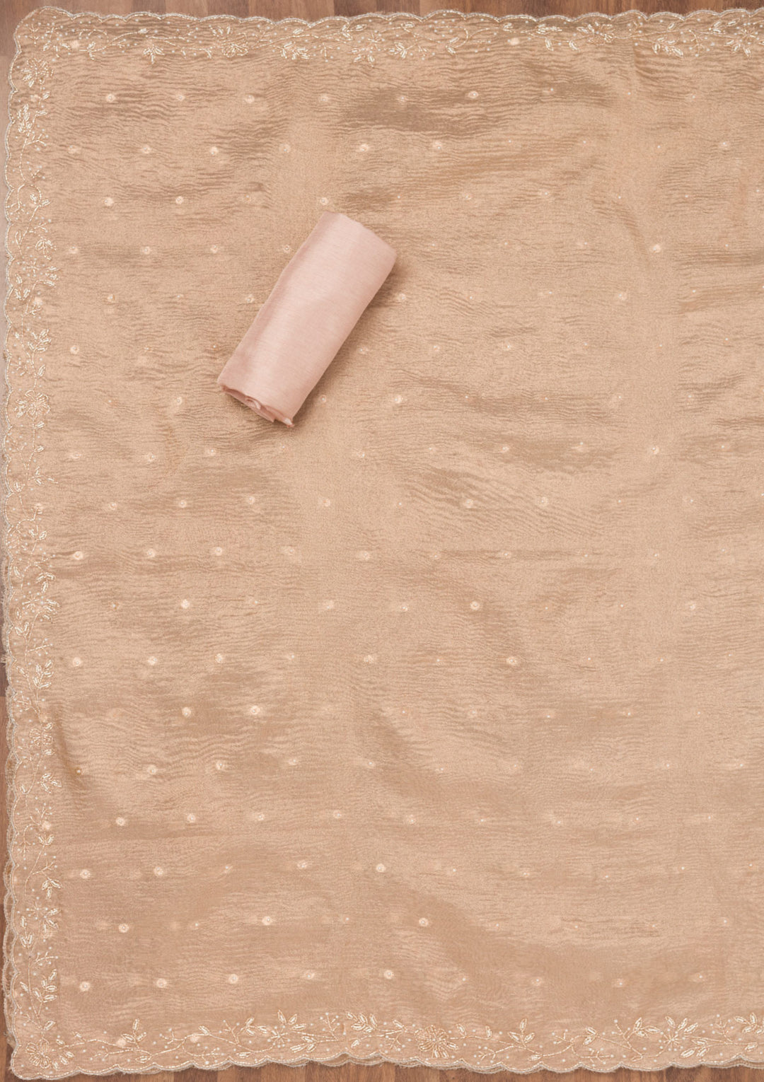 Gold Tissue Silver Stonework Unstitched Dress Material With Matching Bottom And Dupatta
