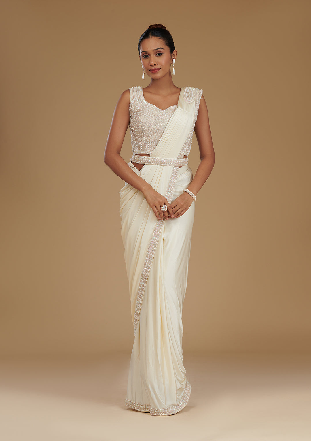 Off White Satin Pearlwork Saree With Matching Blouse Piece