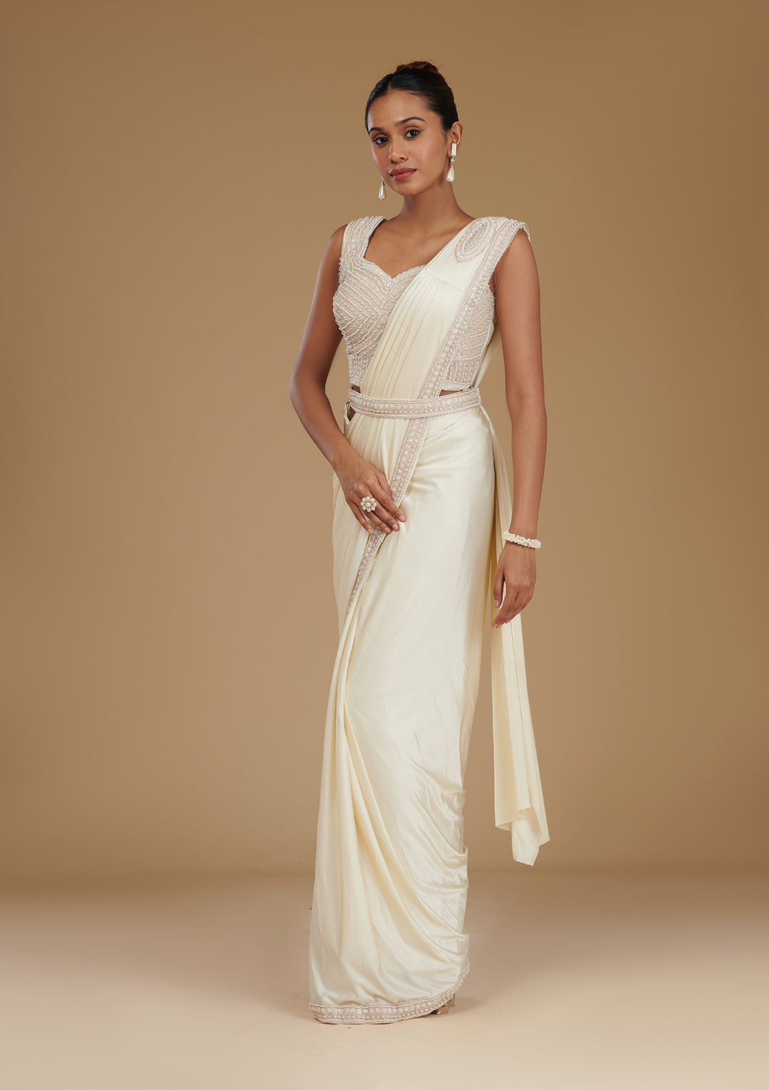Off White Satin Pearlwork Saree With Matching Blouse Piece