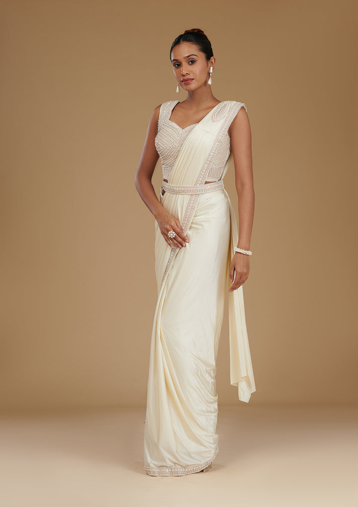 Off White Satin Pearlwork Saree With Matching Blouse Piece