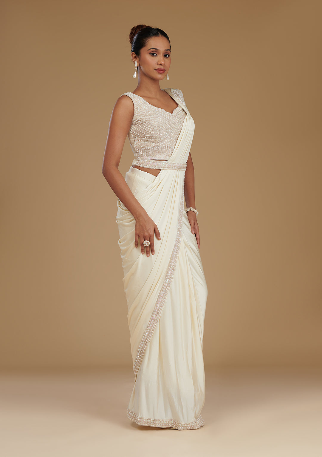 Off White Satin Pearlwork Saree With Matching Blouse Piece