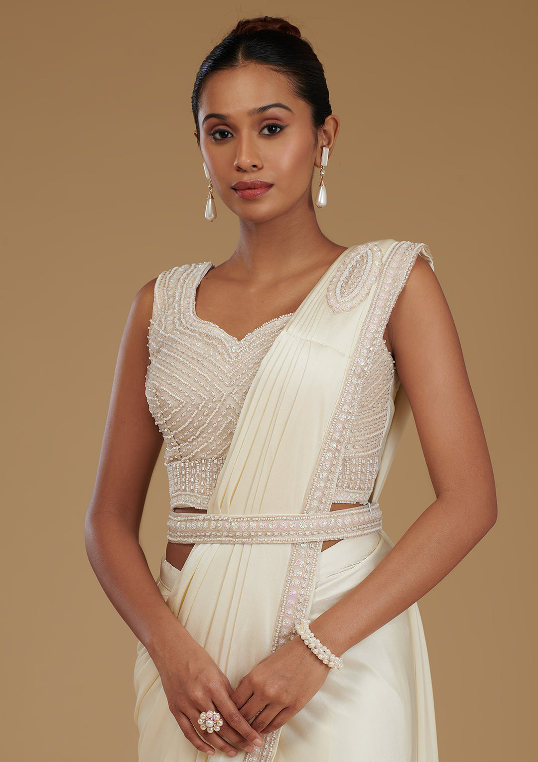 Off White Satin Pearlwork Saree With Matching Blouse Piece