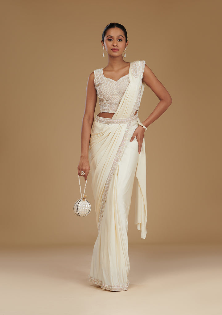 Off White Satin Pearlwork Saree With Matching Blouse Piece
