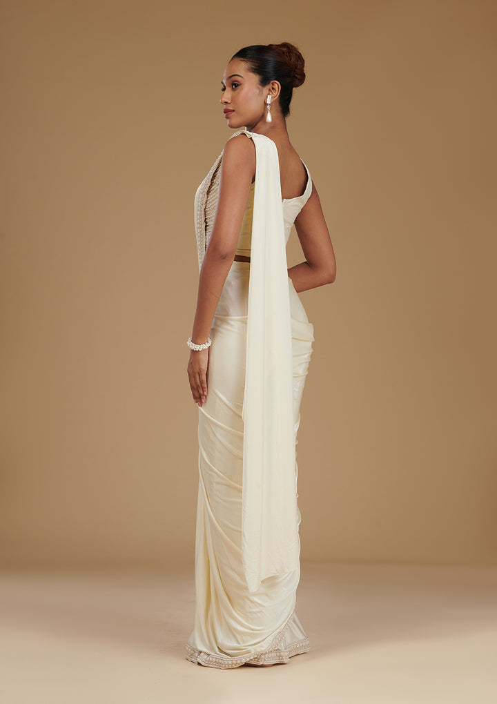 Off White Satin Pearlwork Saree With Matching Blouse Piece