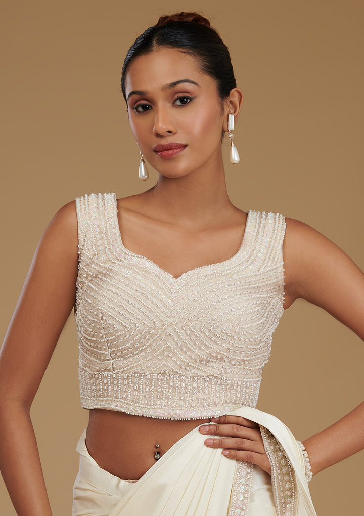 Off White Satin Pearlwork Saree With Matching Blouse Piece